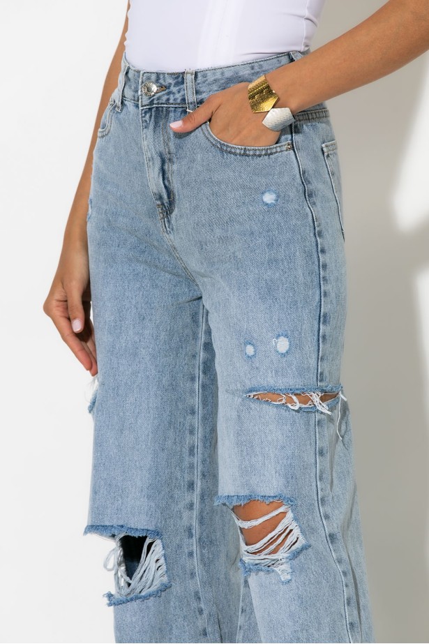 Jean wide leg με φθορές μπλε Jean wide leg με φθορές μπλε