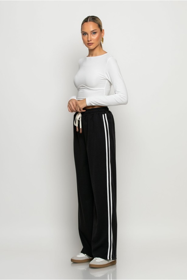 Wide leg παντελόνι ψαροκόκκαλο με ρίγα στο πλάι μαύρο Wide leg παντελόνι ψαροκόκκαλο με ρίγα στο πλάι μαύρο