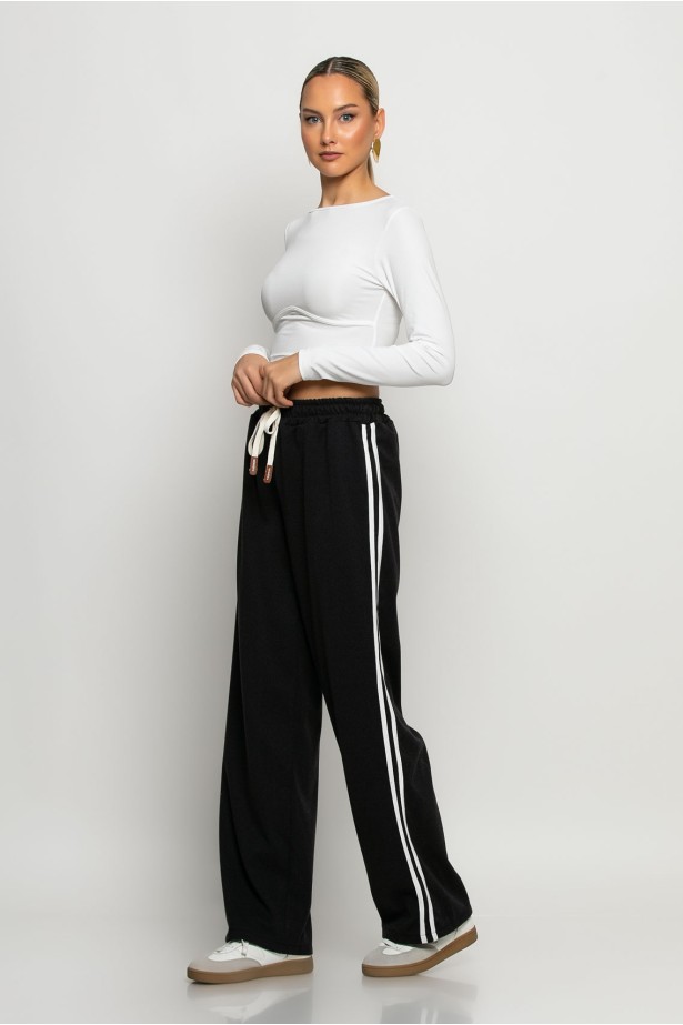 Wide leg παντελόνι ψαροκόκκαλο με ρίγα στο πλάι μαύρο Wide leg παντελόνι ψαροκόκκαλο με ρίγα στο πλάι μαύρο