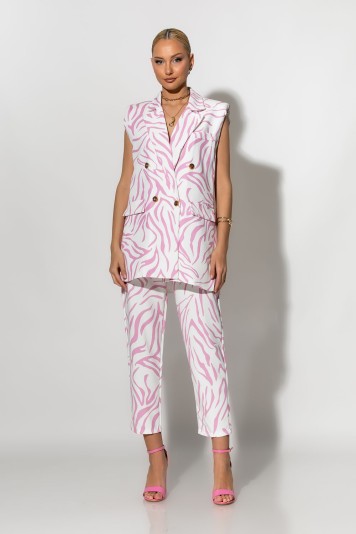 Σετ παντελόνι και oversized αμάνικο blazer με βάτες zebra print λευκό-ροζ 