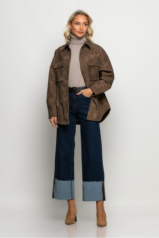 Oversized jacket δερματίνη με κουμπιά καφέ Oversized jacket δερματίνη με κουμπιά καφέ