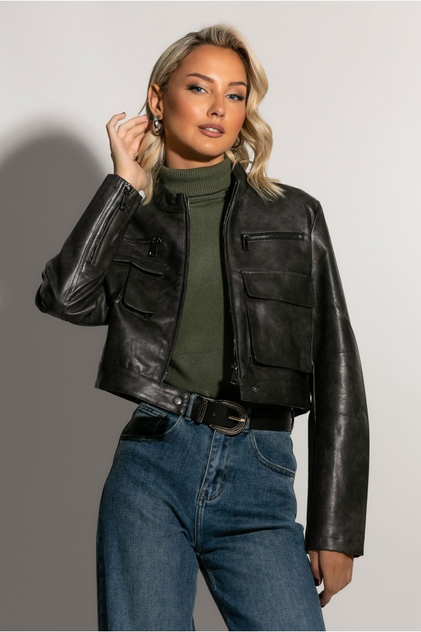 Jacket δερματίνη με τσέπες μπροστά μαύρο Jacket δερματίνη με τσέπες μπροστά μαύρο