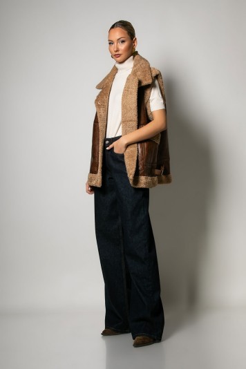 Οversized Sheepskin jacket αμάνικο δερματίνη γκρι