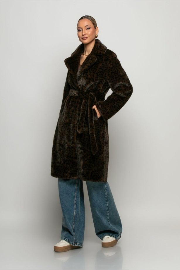 Παλτό leopard print με συνθετική γούνα καφέ Παλτό leopard print με συνθετική γούνα καφέ