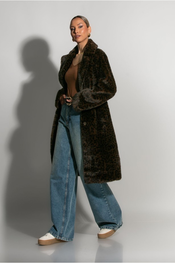 Παλτό leopard print με συνθετική γούνα καφέ Παλτό leopard print με συνθετική γούνα καφέ