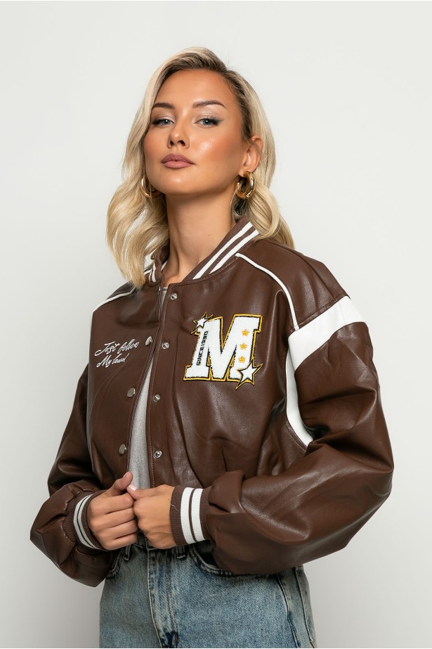 Bomber jacket δερματίνη με στάμπα jellyfish καφέ Bomber jacket δερματίνη με στάμπα jellyfish καφέ