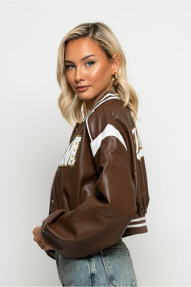 Bomber jacket δερματίνη με στάμπα jellyfish καφέ Bomber jacket δερματίνη με στάμπα jellyfish καφέ