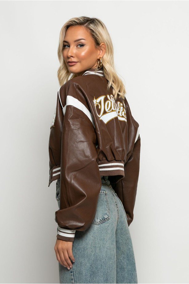 Bomber jacket δερματίνη με στάμπα jellyfish καφέ Bomber jacket δερματίνη με στάμπα jellyfish καφέ