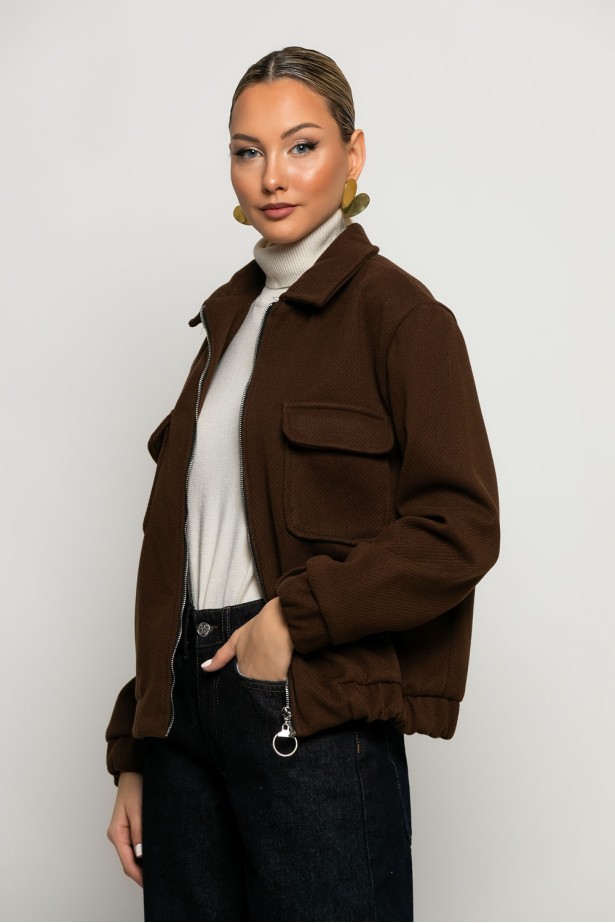 Bomber jacket με λάστιχο στην μέση καφέ Bomber jacket με λάστιχο στην μέση καφέ
