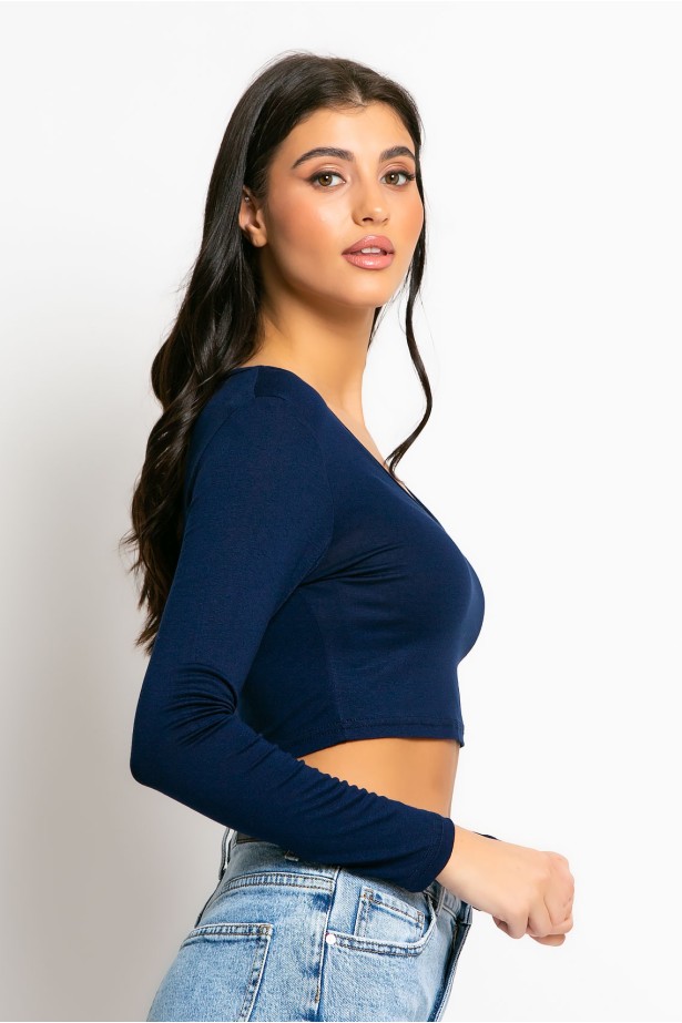 Crop top μακρύ μανίκι V μπλε navy Crop top μακρύ μανίκι V μπλε navy
