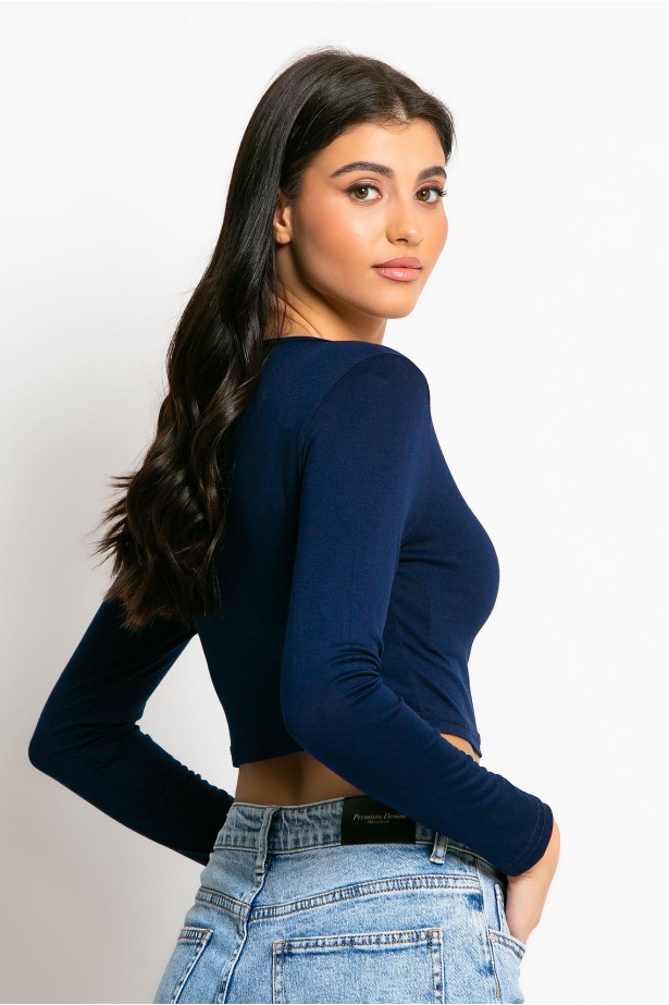 Crop top μακρύ μανίκι V μπλε navy Crop top μακρύ μανίκι V μπλε navy
