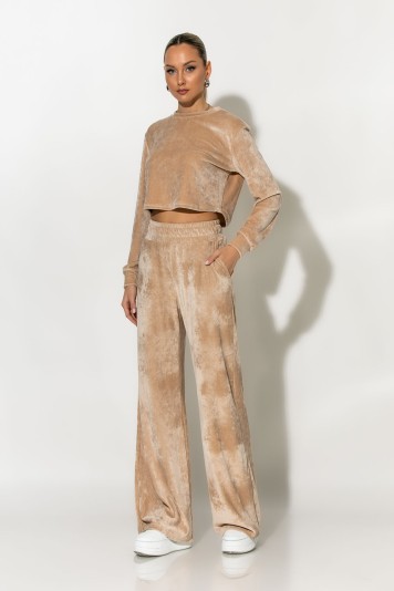 Σετ βελούρ cropped μπλούζα και wide leg παντελόνι vanillia