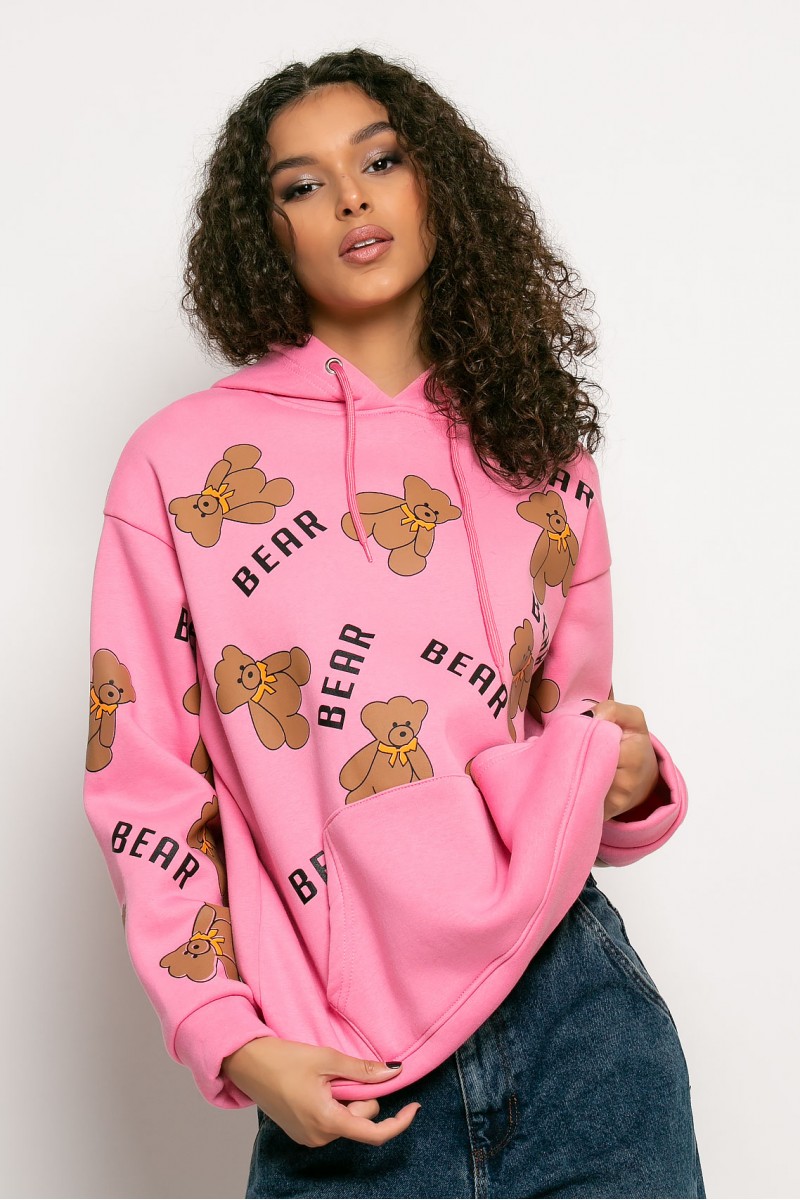 Μπλούζα φούτερ με κουκούλα επένδυση φλις και στάμπα (BEAR) ροζ