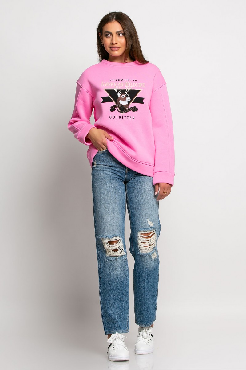 Μπλούζα φούτερ με επένδυση φλις και στάμπα (Wildlife) ροζ