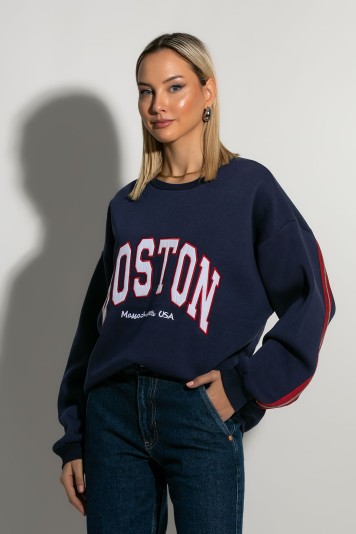 Mπλούζα φούτερ με στάμπα boston και λεπτομέρεια φερμουάρ πίσω μαύρο