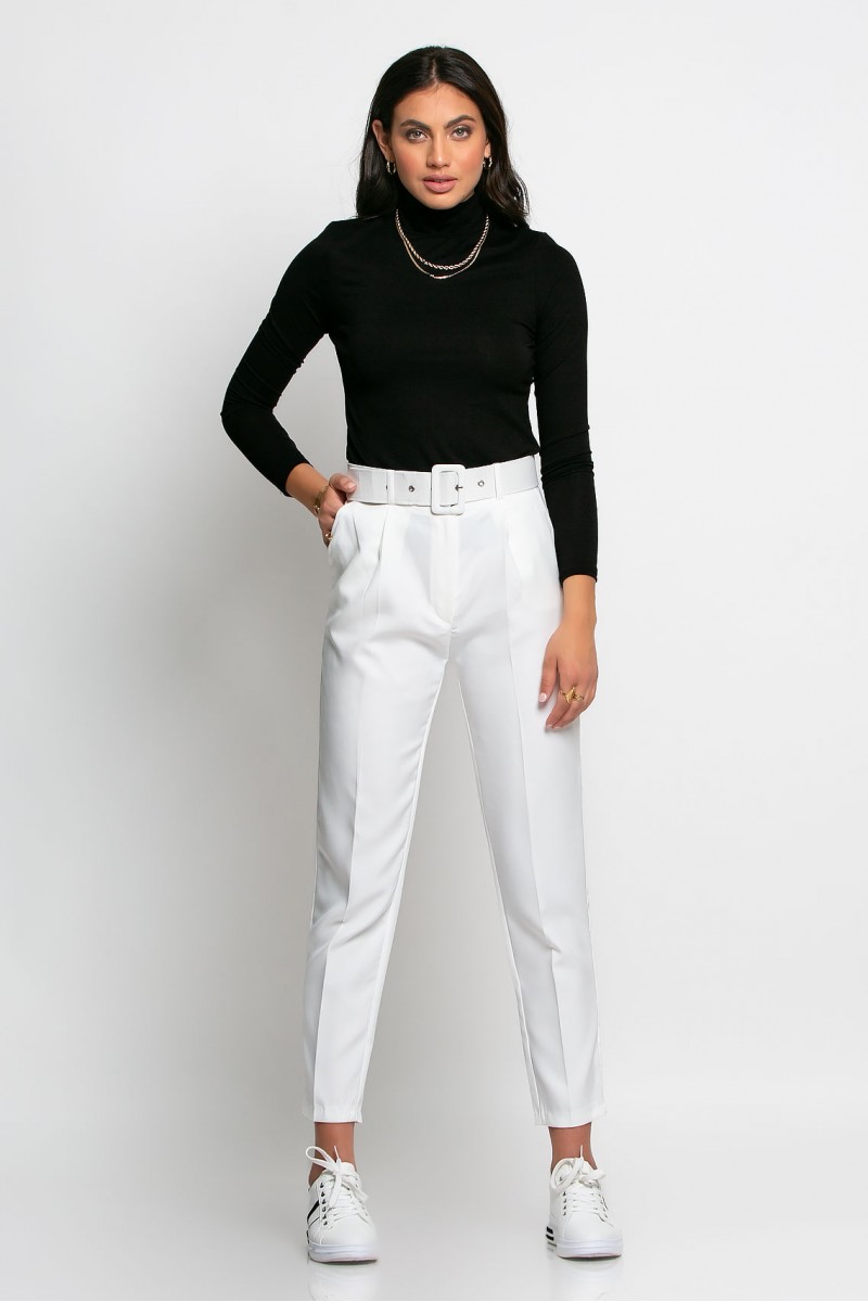 Cropped παντελόνι με ζώνη λευκό