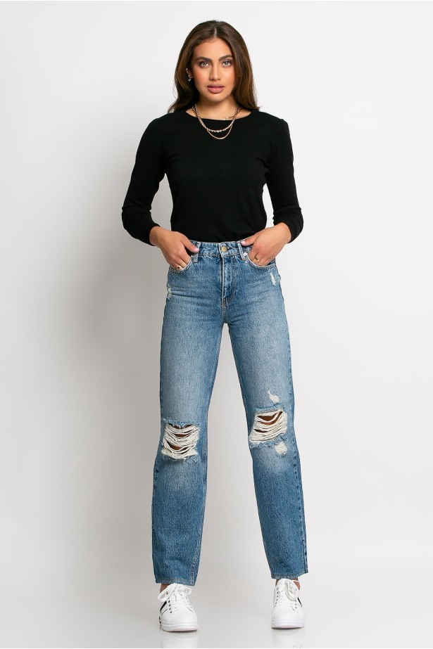 Jean straight με μεγάλες φθορές μπλε Jean straight με μεγάλες φθορές μπλε