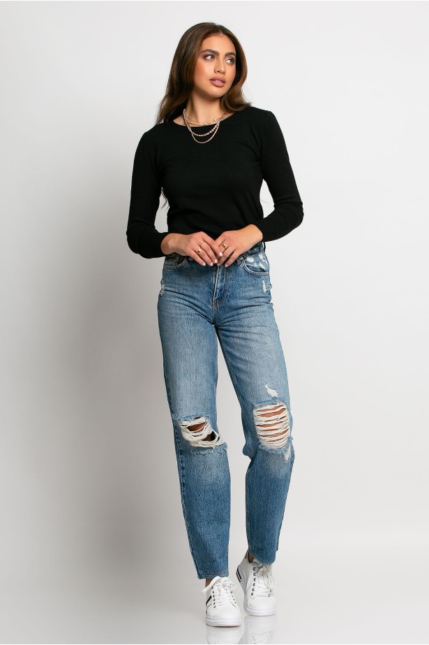 Jean straight με μεγάλες φθορές μπλε Jean straight με μεγάλες φθορές μπλε