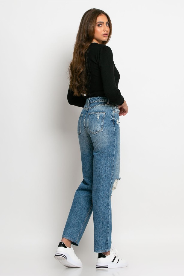 Jean straight με μεγάλες φθορές μπλε Jean straight με μεγάλες φθορές μπλε