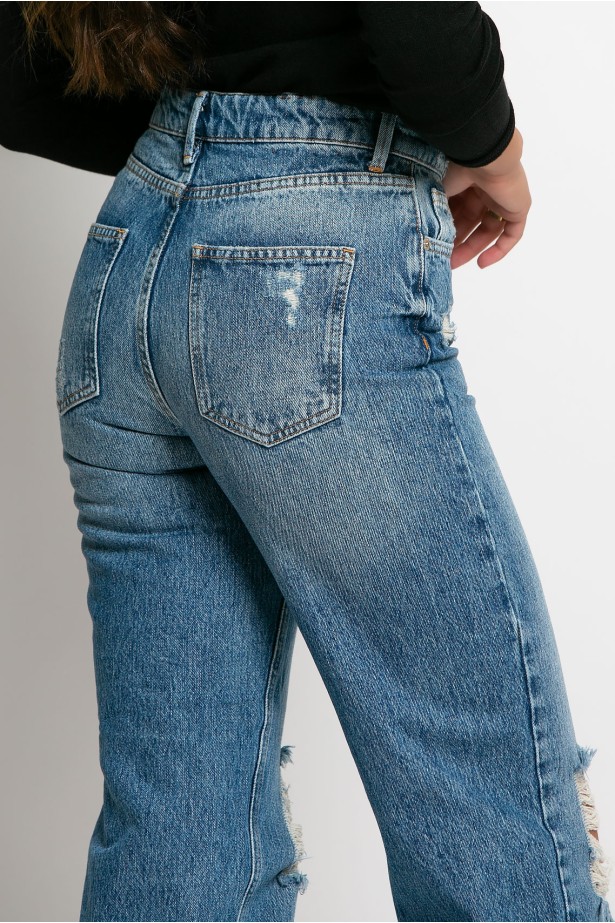 Jean straight με μεγάλες φθορές μπλε Jean straight με μεγάλες φθορές μπλε
