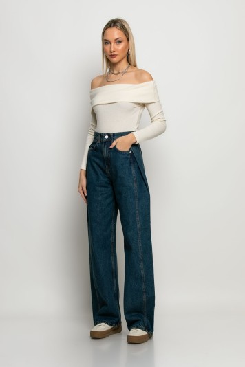 Jean wide leg με πιέτα στο πλάι μπλε ντένιμ