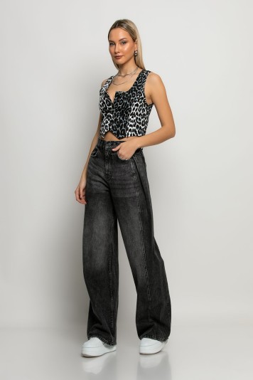 Jean wide leg με πιέτα στο πλάι μπλε ντένιμ