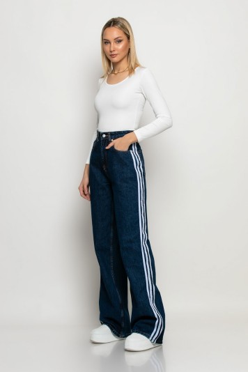 Jean wide leg με ρίγες στο πλάι μαύρο