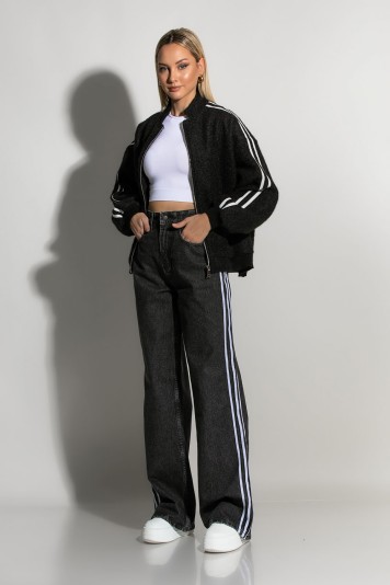 Jean wide leg με ρίγες στο πλάι μαύρο