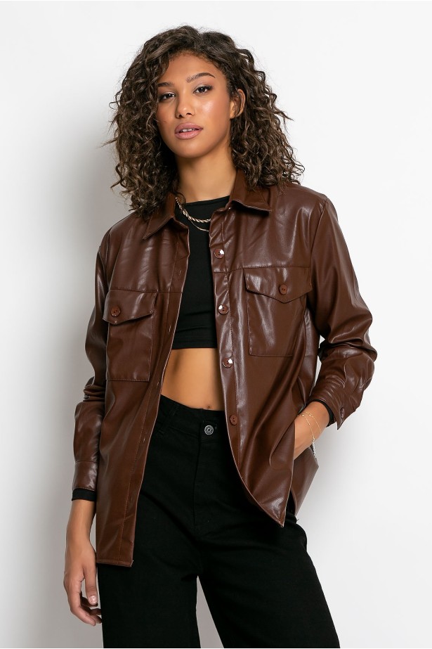 Jacket δερματίνη με κουμπιά σοκολά Jacket δερματίνη με κουμπιά σοκολά