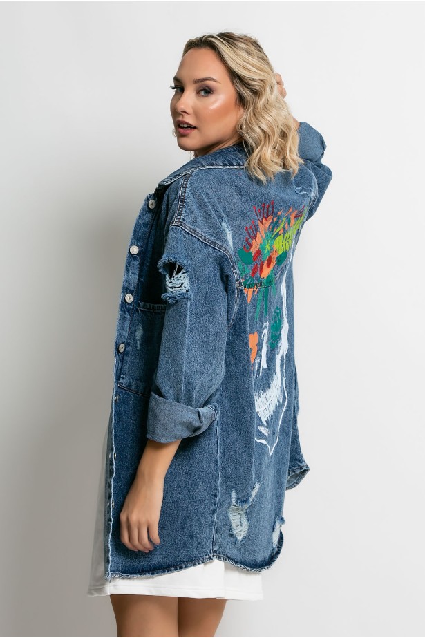 Jean jacket oversized με φθορές και στάμπα (skull) μπλε σκούρο Jean jacket oversized με φθορές και στάμπα (skull) μπλε σκούρο