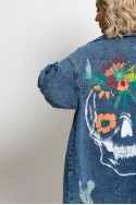 Jean jacket oversized με φθορές και στάμπα (skull) μπλε σκούρο Jean jacket oversized με φθορές και στάμπα (skull) μπλε σκούρο