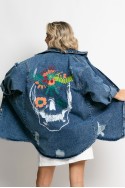 Jean jacket oversized με φθορές και στάμπα (skull) μπλε σκούρο Jean jacket oversized με φθορές και στάμπα (skull) μπλε σκούρο