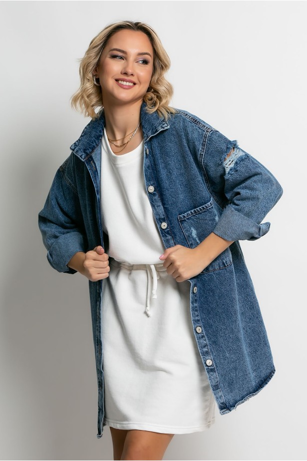 Jean jacket oversized με φθορές και στάμπα (skull) μπλε σκούρο Jean jacket oversized με φθορές και στάμπα (skull) μπλε σκούρο