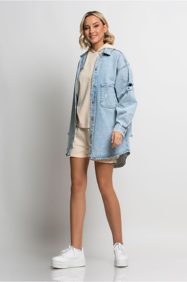 Jean jacket oversized με φθορές και στάμπα (skull) μπλε ανοιχτό Jean jacket oversized με φθορές και στάμπα (skull) μπλε ανοιχτό