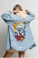 Jean jacket oversized με φθορές και στάμπα (skull) μπλε ανοιχτό Jean jacket oversized με φθορές και στάμπα (skull) μπλε ανοιχτό