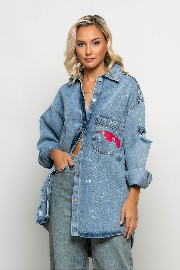 Jean jacket oversized με φθορές και στάμπα άγαλμα μπλε Jean jacket oversized με φθορές και στάμπα άγαλμα μπλε