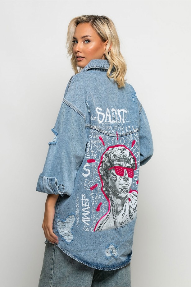 Jean jacket oversized με φθορές και στάμπα άγαλμα μπλε Jean jacket oversized με φθορές και στάμπα άγαλμα μπλε