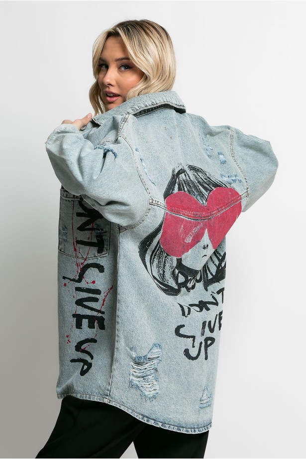 Jean jacket oversized με φθορές και στάμπα (give up) μπλε ανοιχτό Jean jacket oversized με φθορές και στάμπα (give up) μπλε ανοιχτό