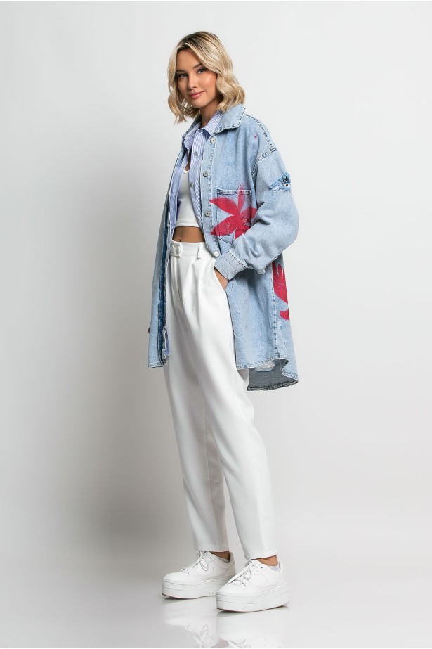 Jean jacket oversized με φθορές και στάμπα (flamingo) μπλε ανοιχτό Jean jacket oversized με φθορές και στάμπα (flamingo) μπλε ανοιχτό