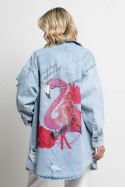 Jean jacket oversized με φθορές και στάμπα (flamingo) μπλε ανοιχτό Jean jacket oversized με φθορές και στάμπα (flamingo) μπλε ανοιχτό