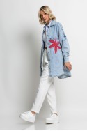 Jean jacket oversized με φθορές και στάμπα (flamingo) μπλε ανοιχτό Jean jacket oversized με φθορές και στάμπα (flamingo) μπλε ανοιχτό