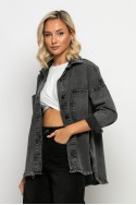 Jean jacket ασύμμετρο με μεγάλες τσέπες και ξέφτια ανθρακί Jean jacket ασύμμετρο με μεγάλες τσέπες και ξέφτια ανθρακί
