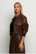 Leather bomber jacket με κουμπιά σοκολά Leather bomber jacket με κουμπιά σοκολά