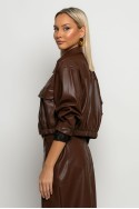 Leather bomber jacket με κουμπιά σοκολά Leather bomber jacket με κουμπιά σοκολά