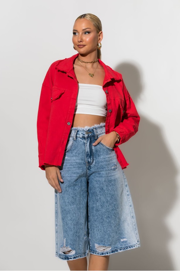 Jean jacket με ξέφτια κόκκινο Jean jacket με ξέφτια κόκκινο