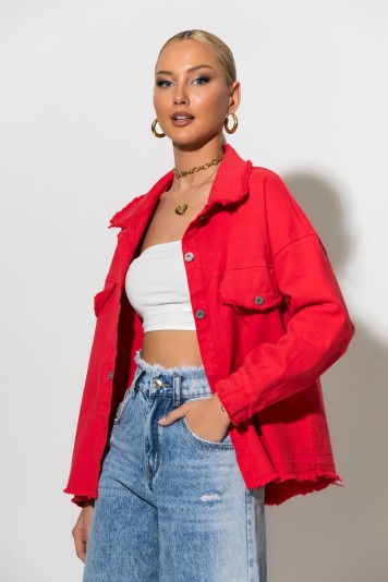  Jean jacket με ξέφτια κόκκινο