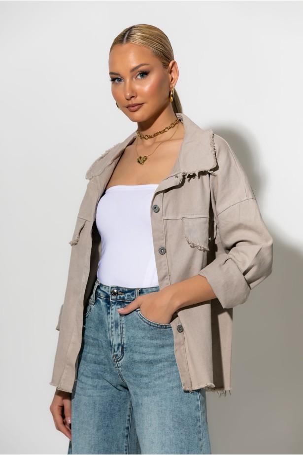 Jean jacket με ξέφτια μπεζ Jean jacket με ξέφτια μπεζ