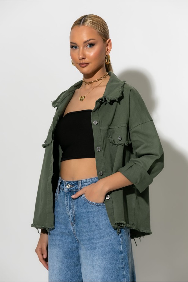Jean jacket με ξέφτια χακί Jean jacket με ξέφτια χακί
