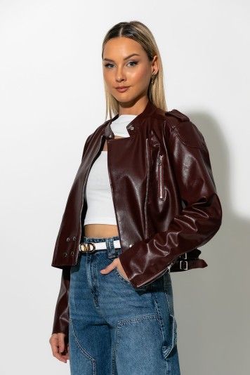 Jacket leather με φερμουάρ μπορντό