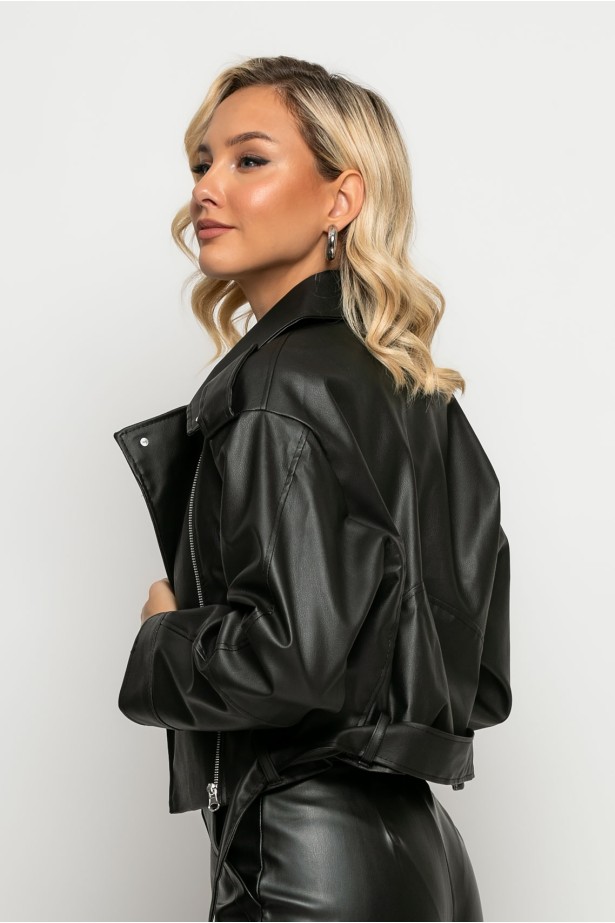Jacket δερματίνη με ζώνη και φερμουάρ μαύρο Jacket δερματίνη με ζώνη και φερμουάρ μαύρο